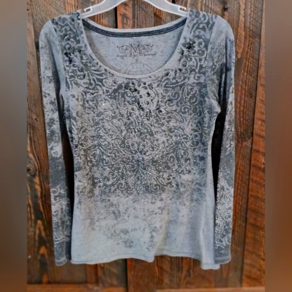 Maurices Gray Patterned Long Sleeve Blouse